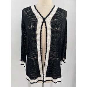 Vintage April Cornell Sweater Women Crochet Cardigan Black White Cottagecore M